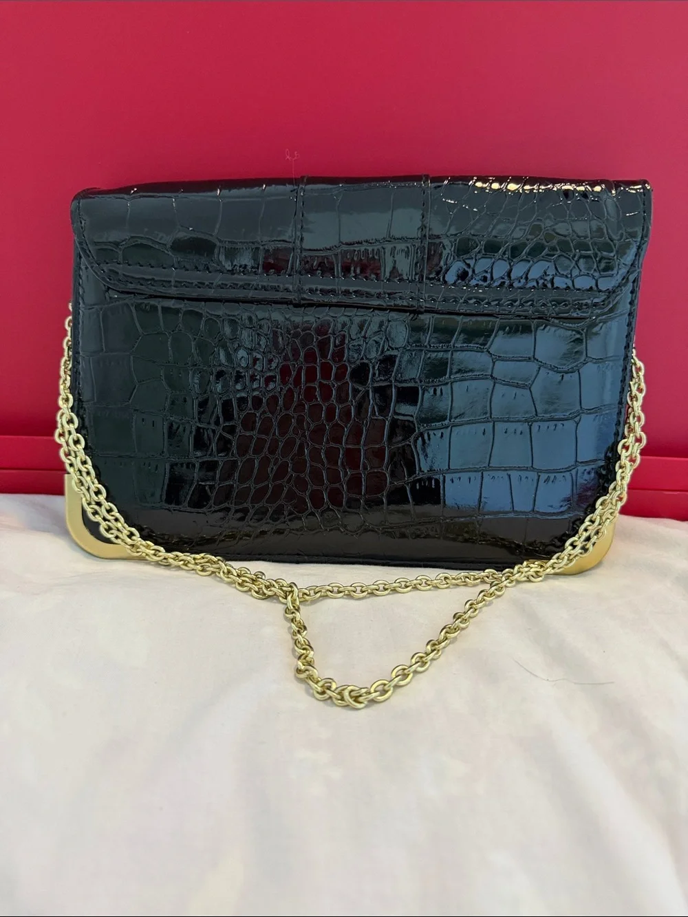 Vintage Black Croc-Embossed Convertible Chain Shoulder Bag